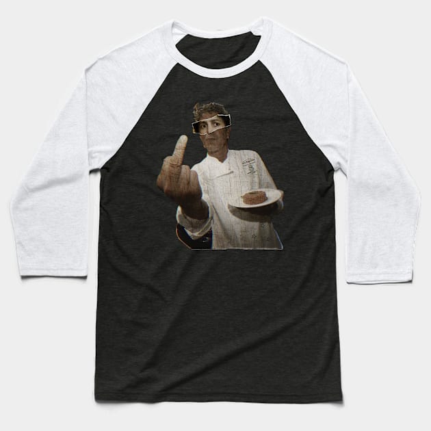 Refreshment Anthony Bourdain Middle Finger Baseball T-Shirt by peterstringfellow6